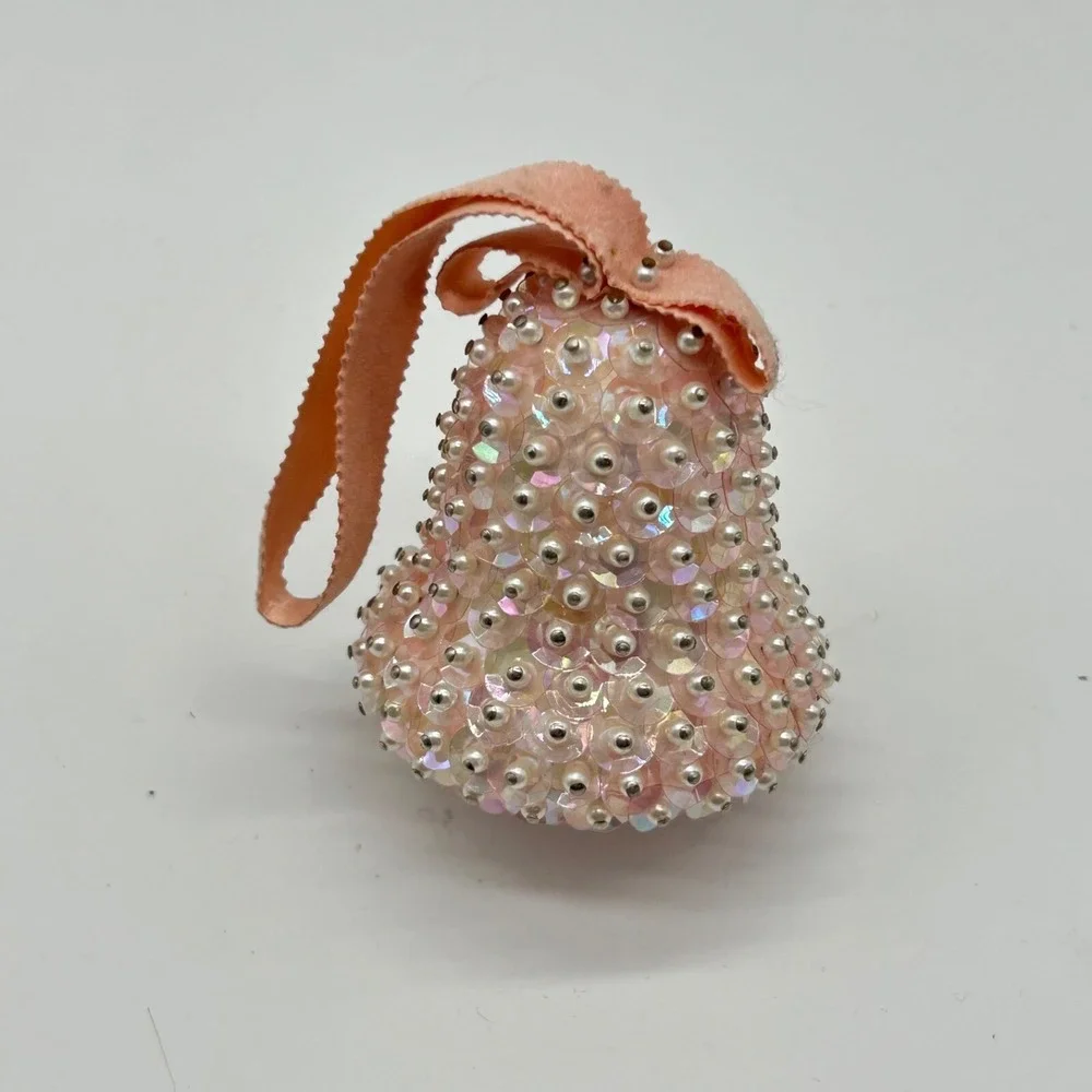 Vintage Beaded Sequins Push Pin Christmas Ornament Pink Bell Purple Ornate Set 2